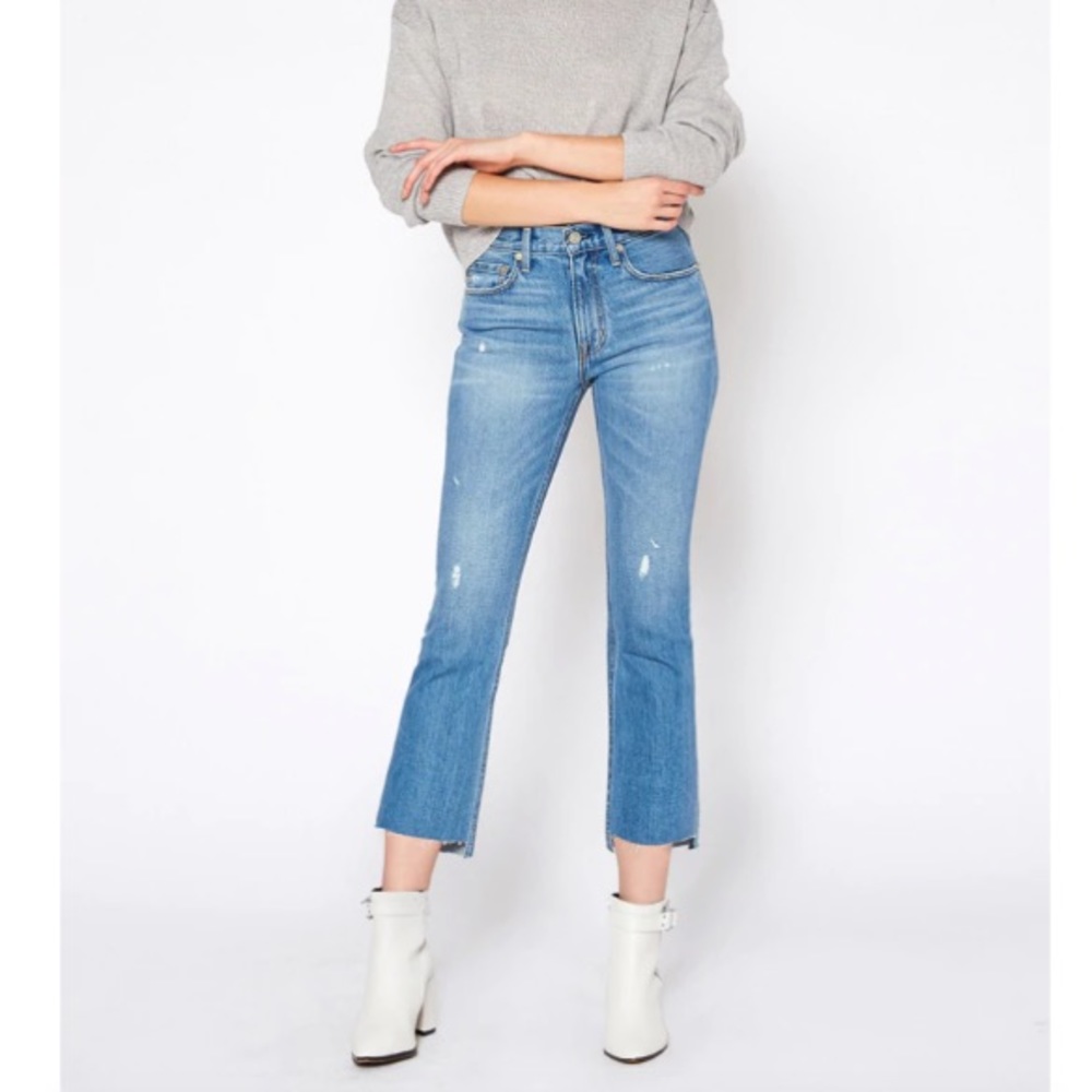 NOEND Farrah Kick Flare in Oxford Womens 27 Raw Hem Light Wash Distressed